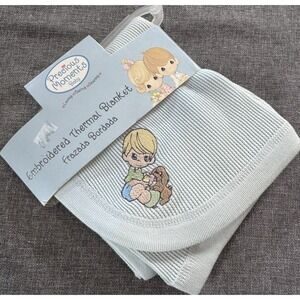 Precious Moments Baby Embroidered Thermal Waffle Blanket Blue 30x30 Cotton NOS